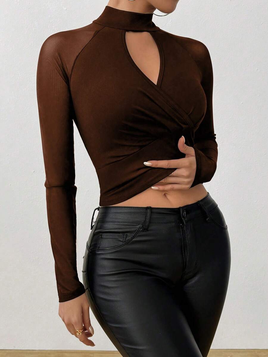 Rafferiza Women's Solid Color Raglan Sleeve Keyhole Neck Fitted Fashionable Mesh Panel T-Shirt See Through Top Dark Brown Top Brown Long Sleeve Top Women's Brown Top - Brown - View 1
