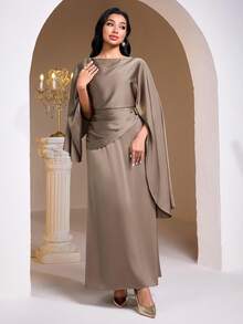 Veilorie Women's Elegant Solid Color Arabic Style Dress, Party Wear Dress Modest Dress With Cape - Army Green - View 5