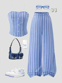 Reset Phase 2pcs/Set Teen Girl Striped Tube Top Cardigan Top And Elastic Waist Wide Leg Pants Casual Outfit, Spring/Summer - Blue and White - View 10