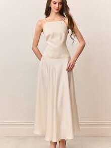 Aveloria Rosie Women's Solid Color Casual Vacation Satin Patchwork Design Spaghetti Strap Dress - Beige - View 5