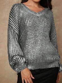 Freevana Damen Große Größen V-Ausschnitt Drop Shoulder Langarm Loose Pullover Pullover, Herbst/Winter - Schwarz - Übersicht 4