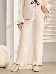 SHEIN 孕妇荷叶边高腰直筒裤 - 米色 - 查看 5