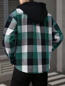 Manfinity Homme 男士格子长袖单排扣抽绳连帽休闲衬衫衫 - 墨綠色 - 查看 2
