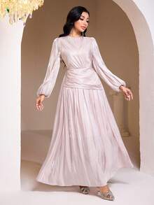 Veilorie Đầm dài tay bồng bềnh bằng vải sa tanh thanh lịch dành cho nữ - Hồng - Xem 7