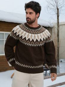 DAZY Men's Vintage Floral Jacquard Thick Crew Neck Sweater, Autumn/Winter - Multicolor - View 3