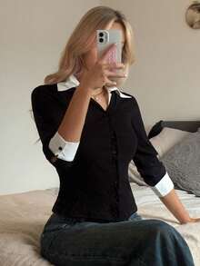 DAZY Women's Stylish Contrast Color 2 In 1 Button-Front Long Sleeve Fitted T-Shirt - Black - View 3