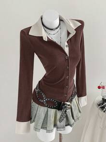 Sweetra Áo sơ mi nữ phong cách Mỹ cổ điển 2 trong 1 màu tương phản thu đông cài nút vừa vặn, thường ngày/hẹn hò/đi làm - Cà phê nâu - Xem 3