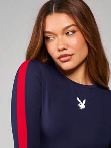 Missguided x Playboy Long Sleeve Bunny Logo Crop Top With Side Stripe Detailing Athletic Fitness Training Performance Wear - Blue - View 4