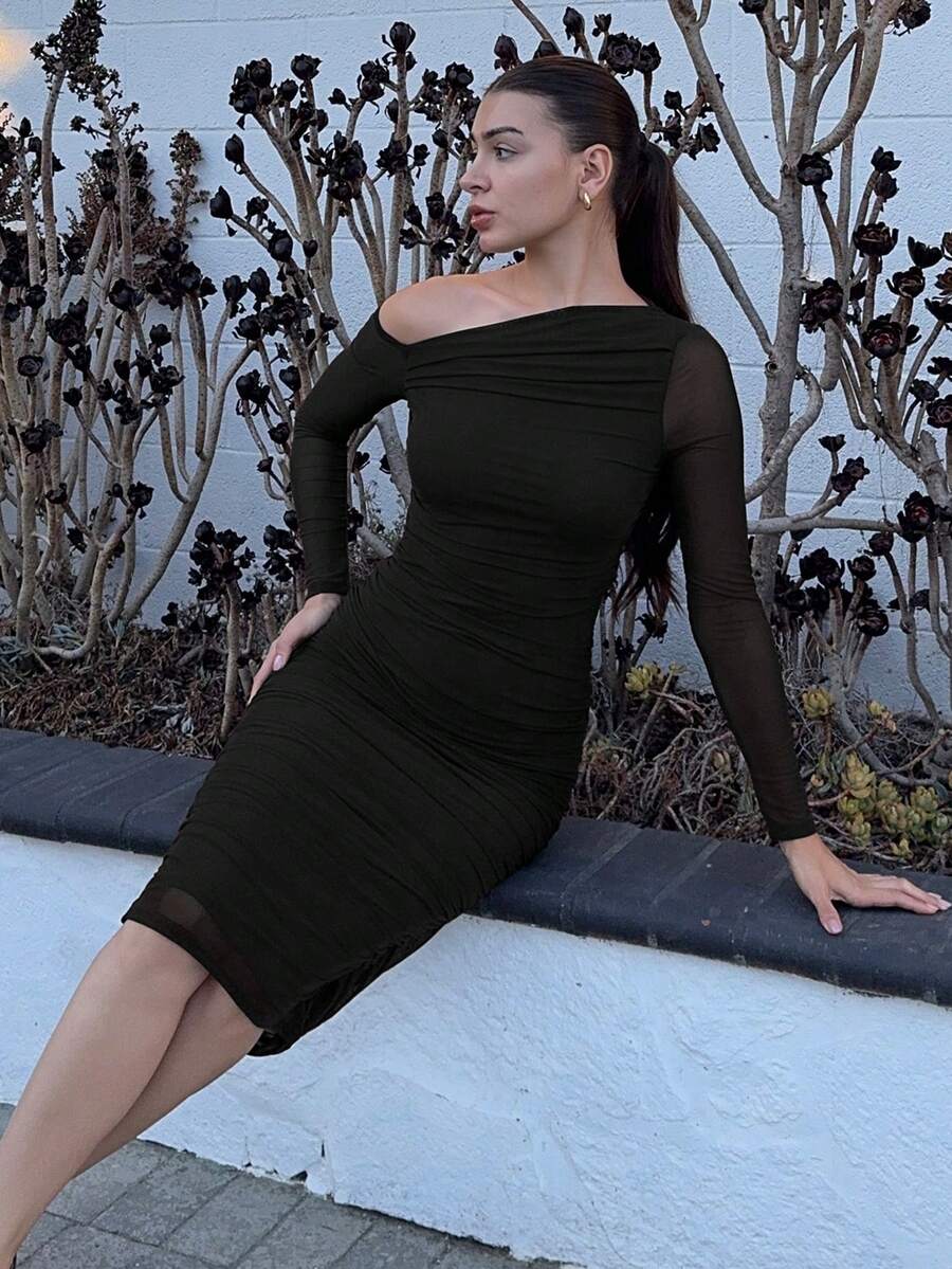 Andrea Bello 女式优雅褶饰网眼派对晚会中长连衣裙，长袖，修身款，适合秋季 - 黑色 - 查看 1