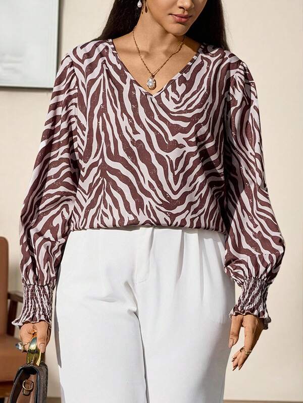 Zelara Plus-Size Women's Brown Animal Print V-Neck Long-Sleeved Blouse, Stylish And Elegant Party Lantern Sleeve Blouse, Christmas, Autumn,Graduation,Party Top,Thanksgiving, For New Year