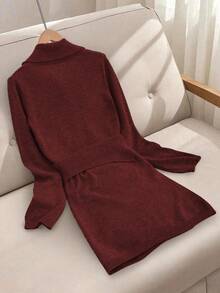 SHEIN LUNE 深灰色修身开衫毛衣和紧身迷你裙套装，秋冬款 - 酒紅色 - 查看 2