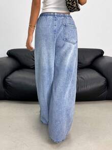 SHEIN Teenager Mädchen Y2K Frühling Sommer leicht gewaschene Jeans mit Tunnelzug Taille, Taschen, vielseitig für den täglichen Gebrauch, weite Beine - Helle Waschung - Übersicht 2
