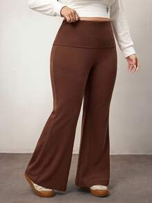 Enliva 大码女式高腰棉质喇叭裤，休闲瑜伽裤，棕色弹力喇叭裤，适合苹果型圆臀身材/2026/新年 - 咖啡棕 - 查看 4