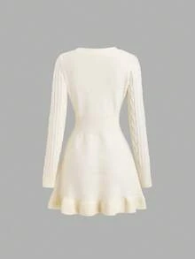 SHEIN Sweetro 女士简约时尚米色长袖修身绞花针织V领毛衣连衣裙，秋冬款 - 米色 - 查看 2