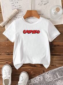 GARFIELD | SHEIN Young Boy Summer Cute Cartoon Slogan Print Short Sleeve White T-Shirt, Casual Daily Wear - White - View 2