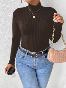 SHEIN Frenchy Camiseta de gola alta canelada plus size de cor sólida, casual para outono/inverno, blusa canelada marrom, blusa básica, blusa de manga comprida, blusa de gola alta marrom, blusa básica com forro duplo, blusa marrom charmosa. - Castanho - Ver 5