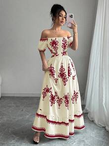 Rafferiza Váy hở vai, nơ sau lưng, thường ngày cho kỳ nghỉ - Đỏ - Xem 4