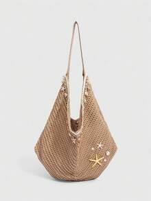 ROMWE Fairycore 1pc Tropical Ocean Beach Resort Style Woven Hollow Khaki Women Shoulder Tote Bag, Large Capacity ,Beach Bag - Light brown - View 9