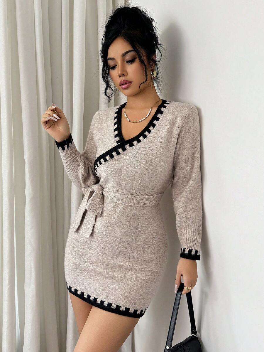 Rafferiza Váy dệt kim cổ chữ V thắt lưng cho nữ, tay dài thời trang và đa năng - Màu Khaki - Xem 1