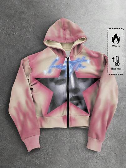 ROMWE MEN Street Life Spring Casual Graphic Pink Men'S Portrait & Tie-Dye Print Hooded Zip-Up Long Sleeve Sweatshirt Sweatshirt