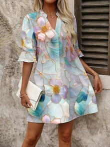 SHEIN Clasi Váy thường ngày cổ chữ V in hoa cỡ lớn cho nữ - Nhiều màu - Xem 4