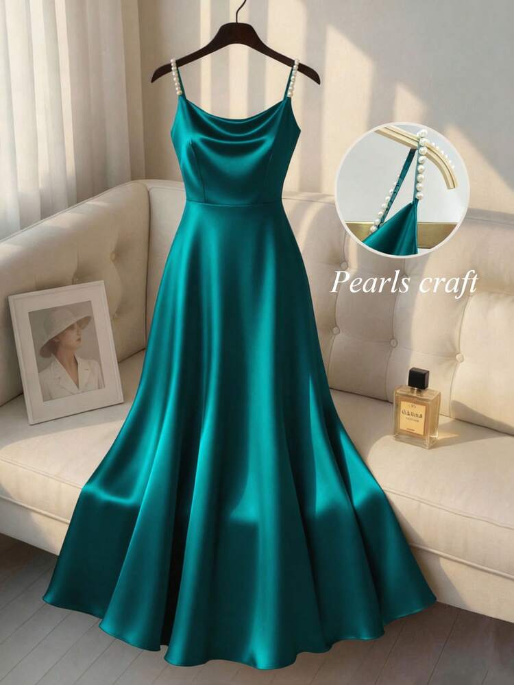 SHEIN Franclia Vestido de satén elegante con perlas y silueta en línea A, adecuado para ir al trabajo, fiestas y eventos - lago azul - Añade 1