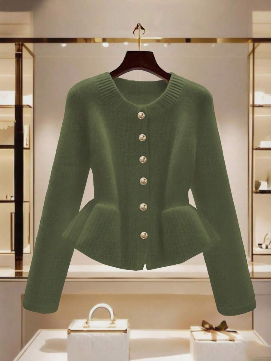 GlowEve Cárdigan corto con cintura ceñida y volantes en el bajo, decoración con botones metálicos únicos, suéter blanco elegante para mujer