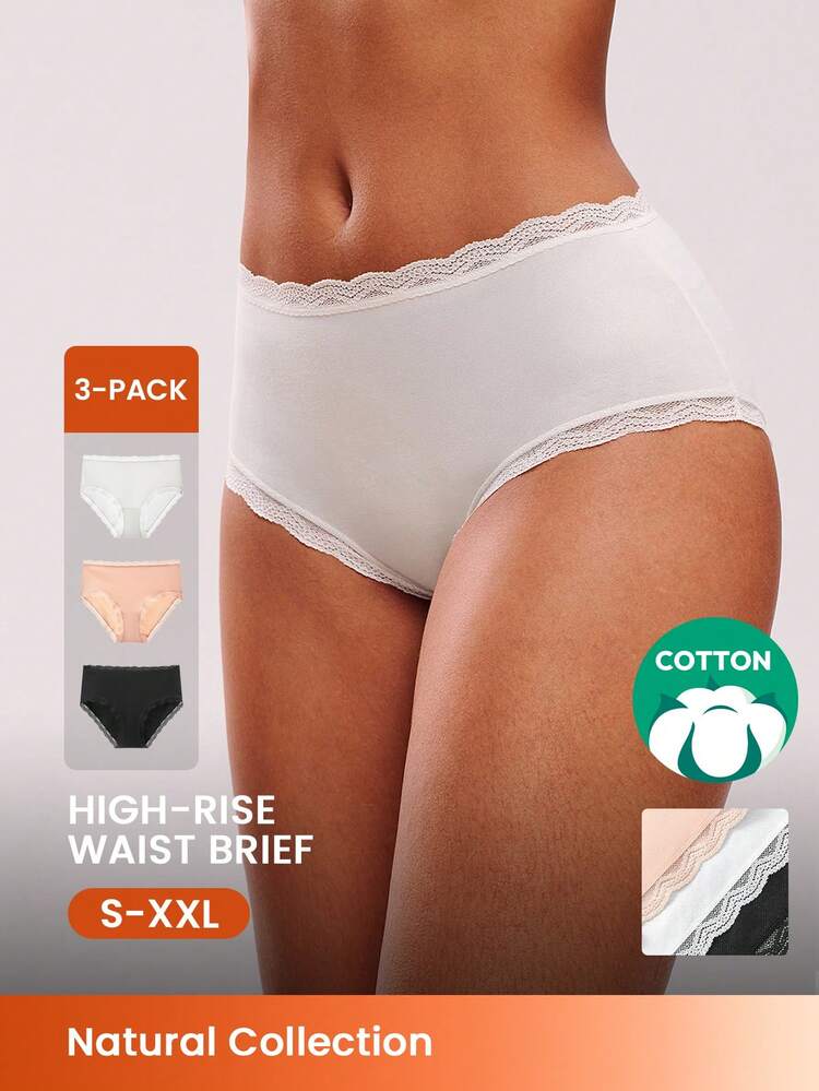 3-Pack Cotton Lace Trim High-Waist Briefs Underwear