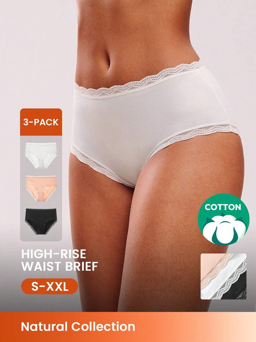 LUVLETTE 3条装柔软纯棉基础款花卉印花蕾丝边高腰内裤 - 彩色 - 查看 1