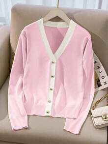 SHEIN LUNE New Slim Fit Stylish Color Block V-Neck Cardigan For Women, Chic & Versatile, Spring/Autumn - Dusty Pink - View 3