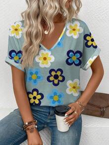SHEIN LUNE Women's Floral Pattern V-Neck Short Sleeve T-Shirt, Spring/Summer - Multicolor - View 6
