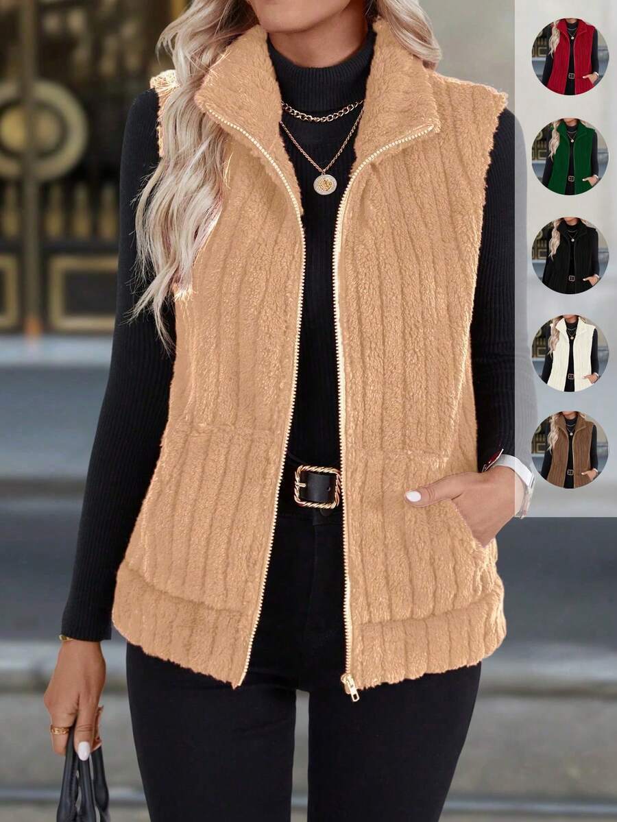 SHEIN Clasi 纯色羊毛口袋前拉链无袖背心，秋冬款 - 摩卡棕 - 查看 1