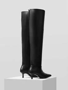 Mnmlis Damskie czarne zamszowe kozaki za kolano z noskiem w szpic, na wysokim obcasie, modne na jesień/zimę - Czarne - Zobacz 11