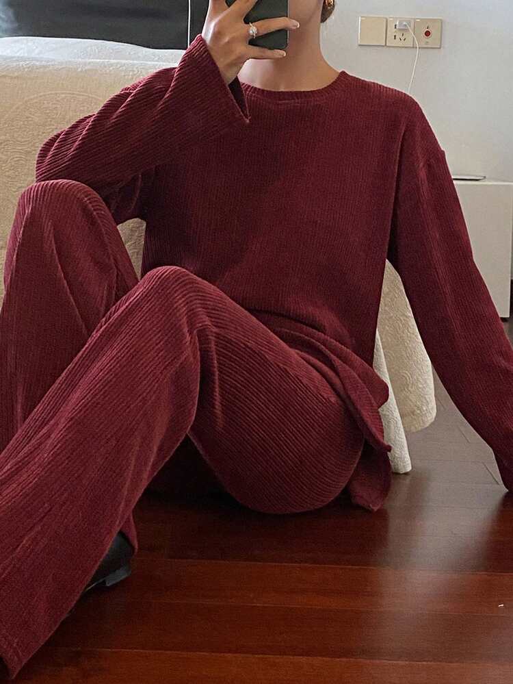 Women's Casual Solid Color Top And Pants 2 Pieces Set, Autumn/Winter