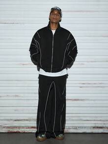 Modcrash 2 件男士前拉链口袋简约夹克和裤子套装，休闲运动服，秋季服装 - 黑色 - 查看 2