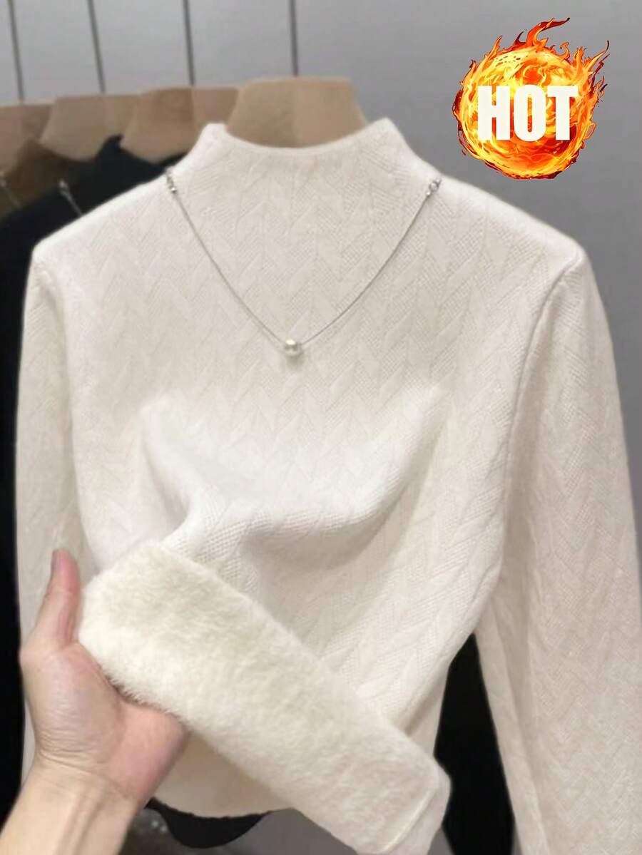 GlowEve 秋冬新品立领长袖修身纹理图案羊毛休闲度假 - 米色 - 查看 1