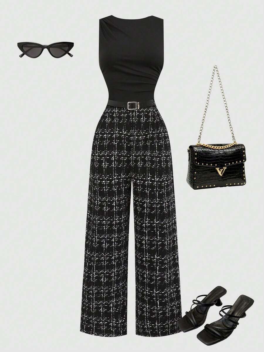 少女连体衣和连身裤 海军蓝褶皱阔腿宽松连身裤配腰带，休闲风格 - 黑色 - 查看 1