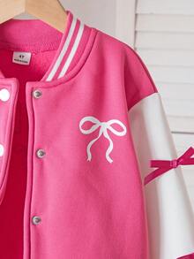 Genkimix Kids Young Girl Casual Colorblock Bow Decor Fleece Baseball Jacket, Stylish For Autumn - Hot Pink - View 4