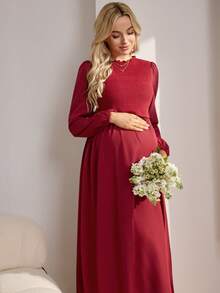 SHEIN Nursing Dress With Long Sleeves, Square Neckline, Nursing Access Design On Top, Ribbed Top And Woven Skirt - Burgundy - View 2