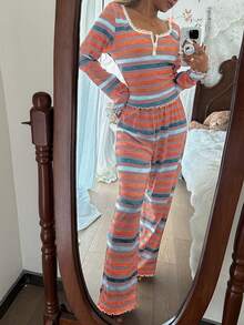 SHEIN 女士休闲彩色条纹印花蕾丝边圆领长袖睡衣套装，冬季服装 - 彩色 - 查看 4