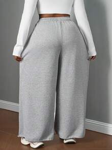 SHEIN PETITE CURVE 大码抽绳腰宽松运动裤，适合运动和户外活动，春夏毕业季、教师节、返校季、日常休闲、居家、运动、上学、通勤、户外活动、抽绳设计、春季、外出、嘉年华服装等场合，休闲宽松裤型 - 淺灰色 - 查看 2