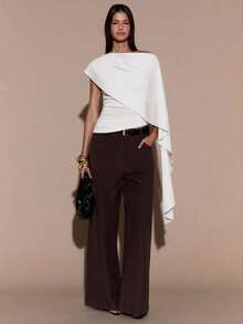 SHEIN BAE Women's Asymmetric Shoulder Ruched Neck Tie Knit Top, Elegant Fitted Sweater, Autumn/Winter