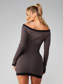 MISSGUIDED Off Shoulder Long Sleeve Bodycon Mini Dress With Contrast Black Trim Detail For Evening Party Occasions - Grey - View 2