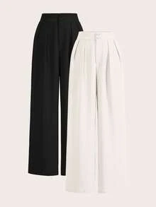 SHEIN Tall CURVE 大码夏季高腰阔腿裤套装，多件套，高腰褶皱阔腿裤，宽松长裤 - 彩色 - 查看 6