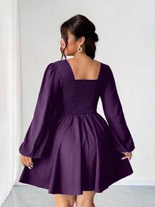 Elenzga 大码女士性感前系带露背镂空黑色迷你连衣裙，秋季 - 紫色 - 查看 2