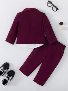 SHEIN Bộ 3 áo vest tay dài, ve áo hai hàng khuy trơn màu trơn cho bé trai, quần dài và nơ cài cổ dành cho quý ông - Đỏ - Xem 2