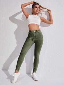 SHEIN SXY Women's Casual Washed High Waist Slim Fit Jeans - Army Green - View 6