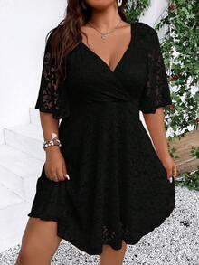 SHEIN PETITE CURVE Plus Size Women Casual Solid Color Waist Cinched Dress - Black - View 3