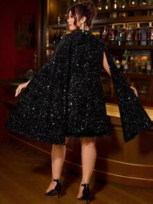 Cravure Plus Size Women's Sequin & Faux Fur Patchwork Elegant Party Dress - Multicolor - View 2