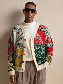 EASEVO Áo khoác cardigan nam cỡ lớn kiểu dáng thường ngày phối màu họa tiết hoa điều, áo khoác cardigan dệt kim hoa dành cho nam mùa thu/đông. - Nhiều màu - Xem 5